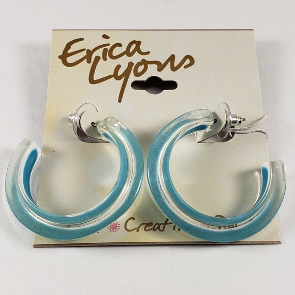 Erica Lyons Chunky Acrylic Hoop Earrings Turquoise & Clear Statement Retro Style - Picture 3 of 3